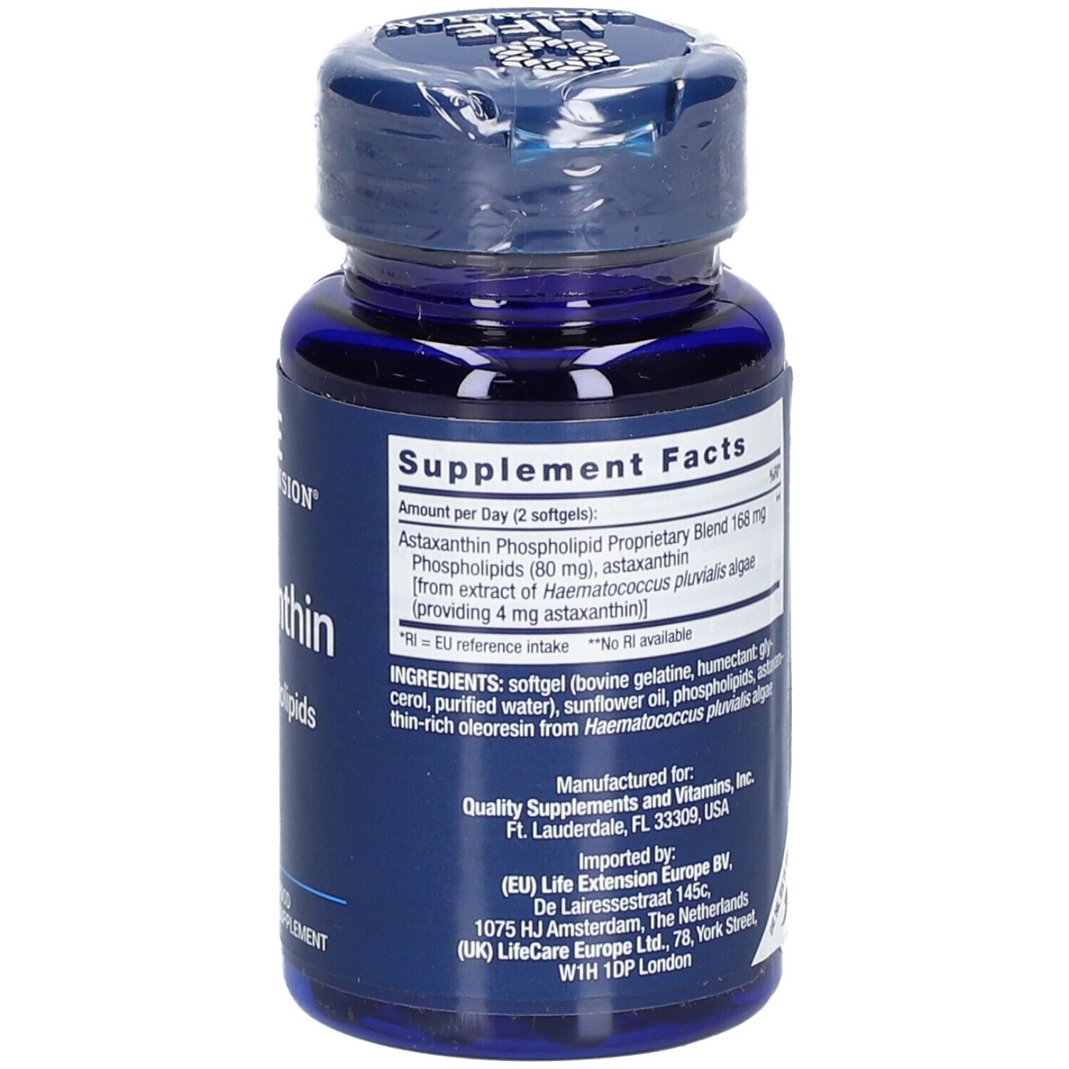 Flacon bleu d'astaxanthine. Informations nutritionnelles et ingrédients. Fabriqué par Life Extension.