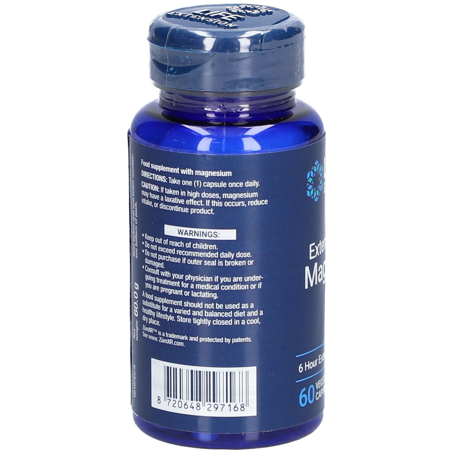 Rückseite der blauen Flasche. Text: Warnhinweise, Zutaten, 60 Kapseln, Barcode. Marke: ZumXR.