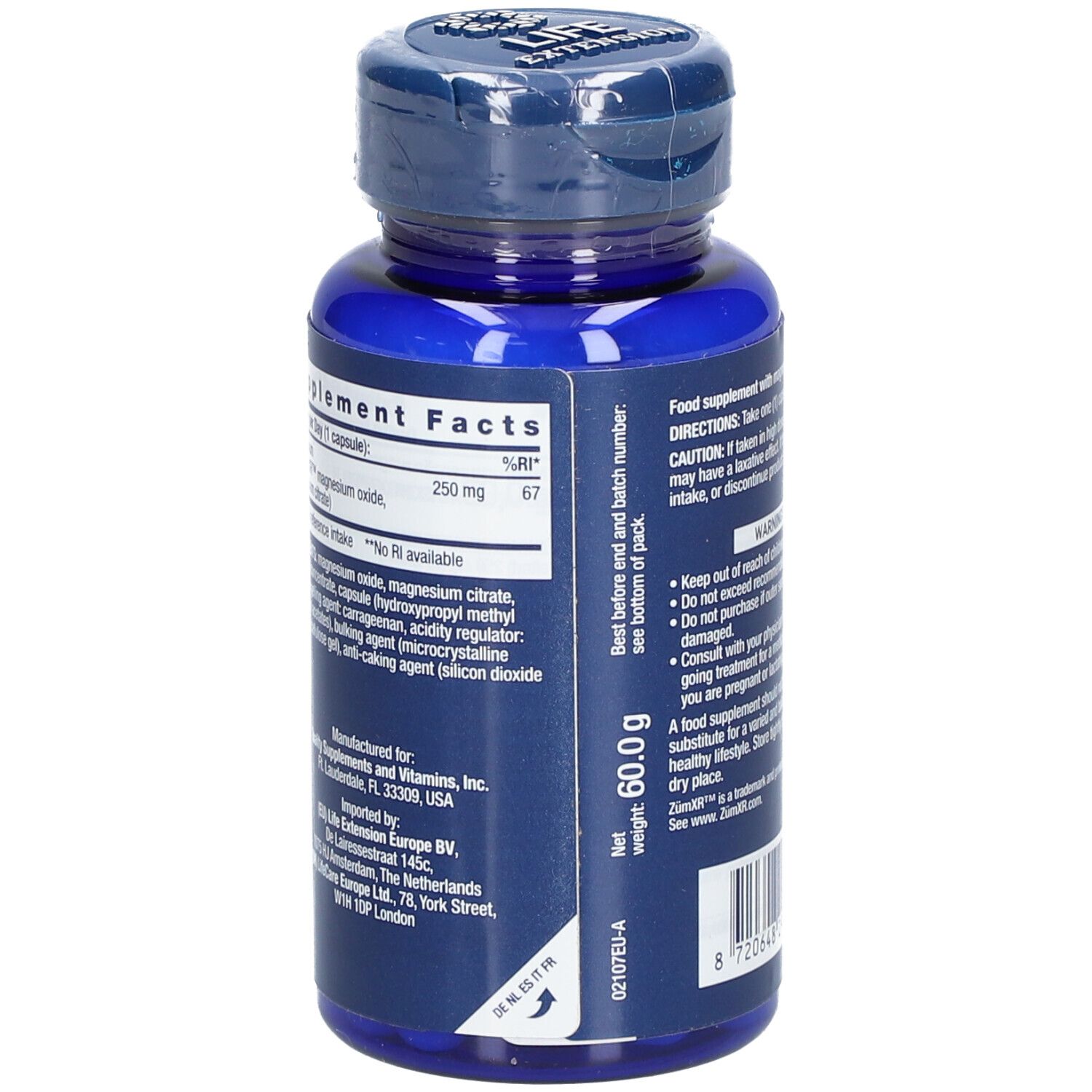 Rückseite der blauen Flasche. Text: Nährwertangaben, 60,0 g, Zutaten, Herstellerinformationen.