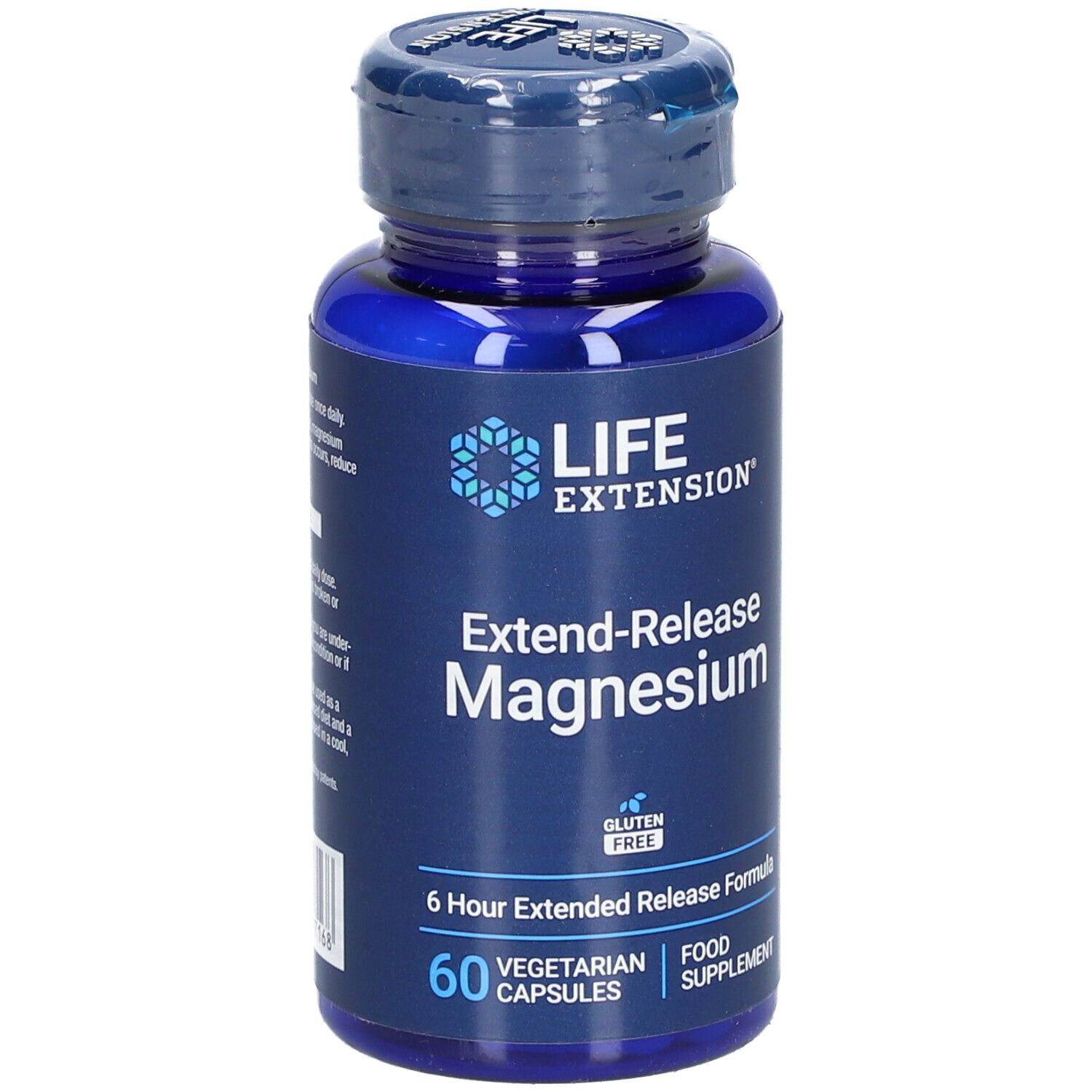 Blaue Flasche mit Kapseln. Aufschrift: LIFE EXTENSION, Extend-Release Magnesium, 60 vegetarische Kapseln.