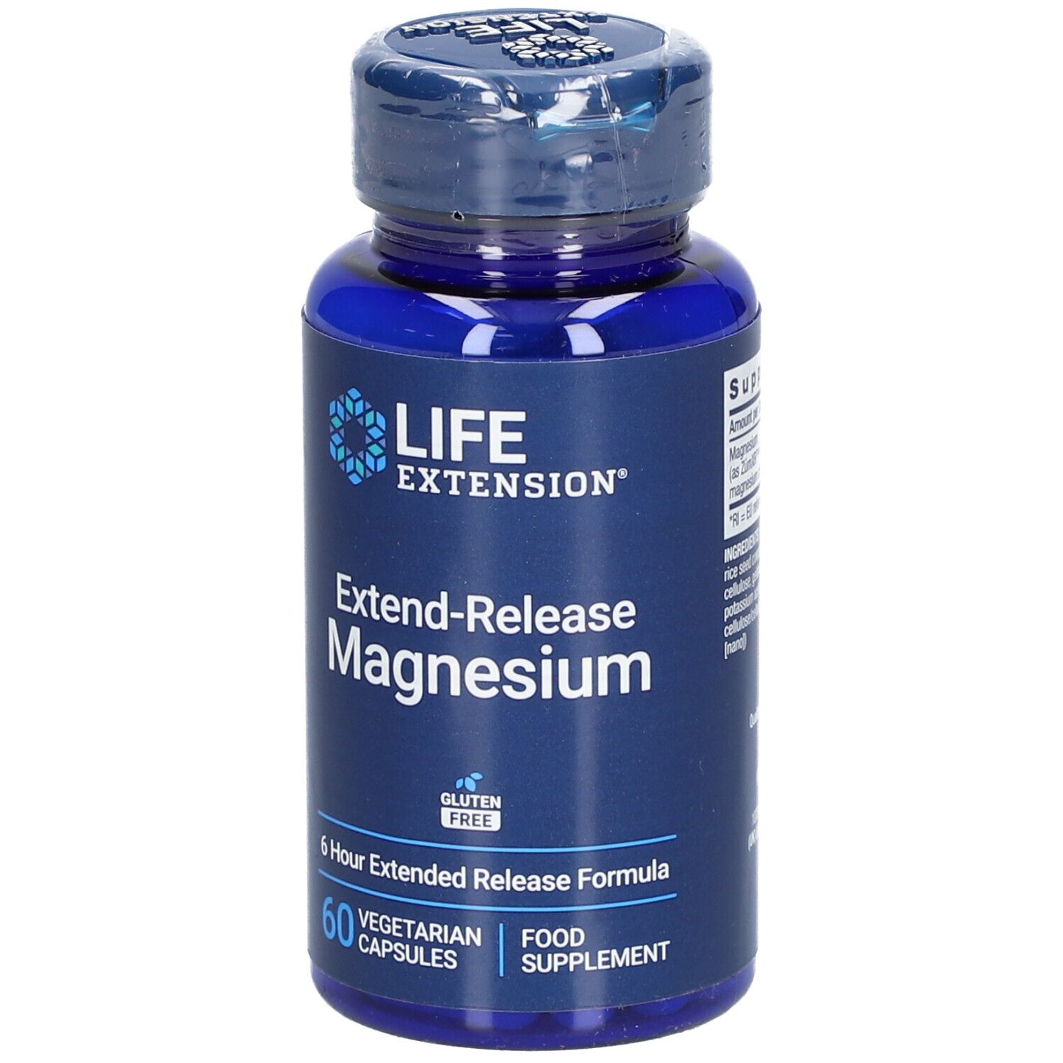 Blaue Flasche mit Kapseln. Aufschrift: LIFE EXTENSION, Extend-Release Magnesium, 60 vegetarische Kapseln.