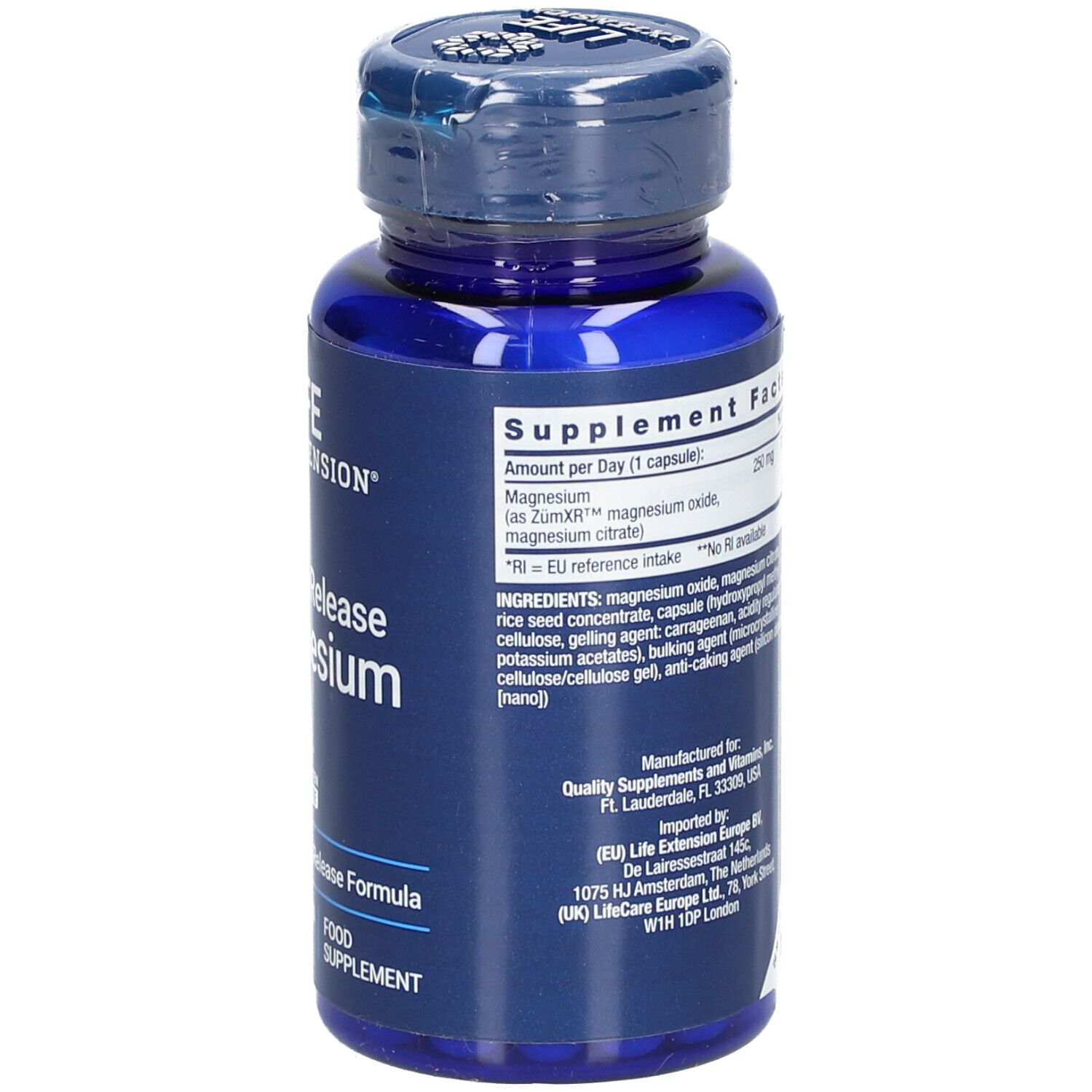 Rückseite der blauen Flasche. Text: Nährwertangaben, Zutaten, Herstellerinformationen, 60,0 g.