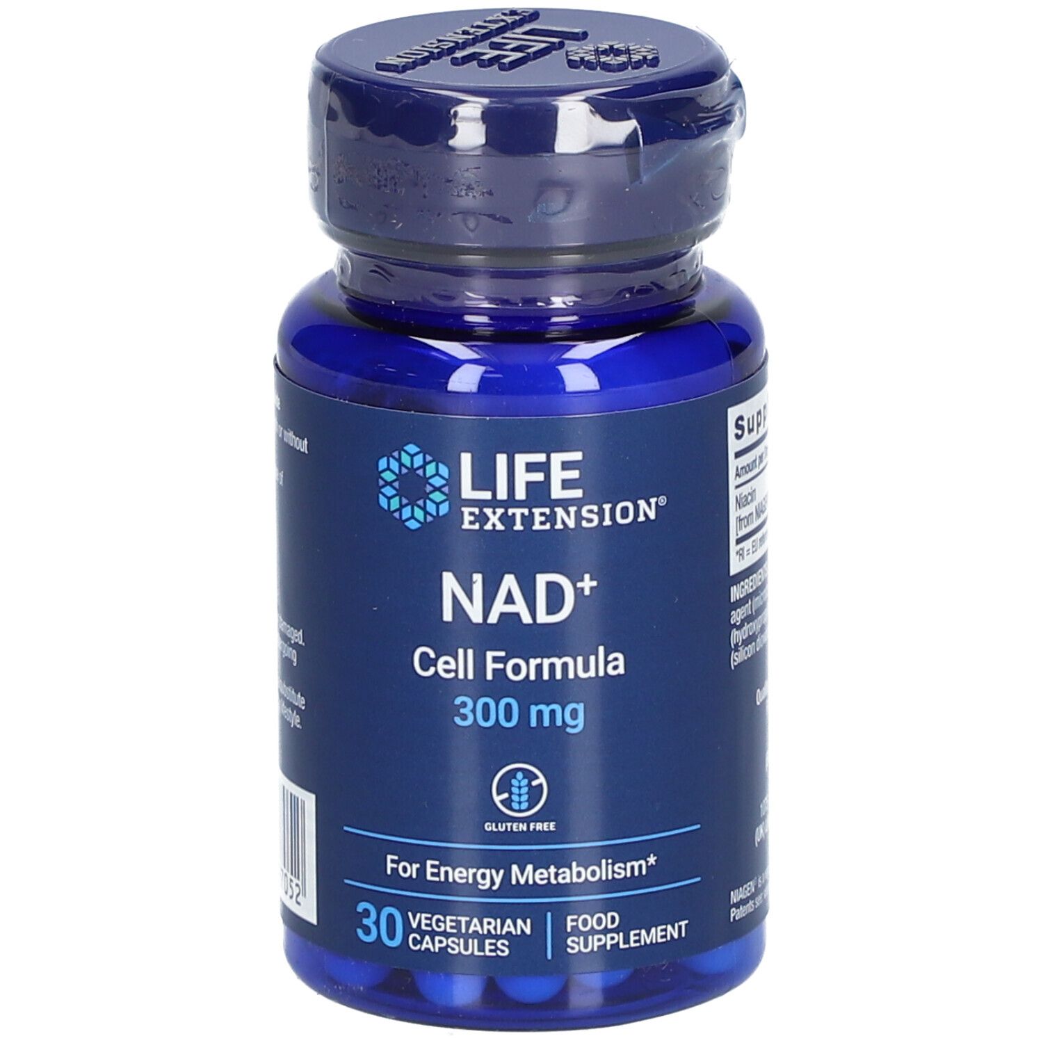 Flacon bleu avec capsules. Inscription: LIFE EXTENSION NAD+ Cell Formula 300 mg. 30 capsules végétariennes.