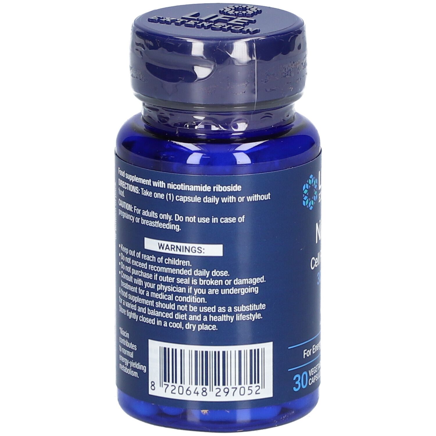 Dos du flacon bleu avec capsules. Contient des avertissements et des ingrédients. 30 capsules végétariennes.