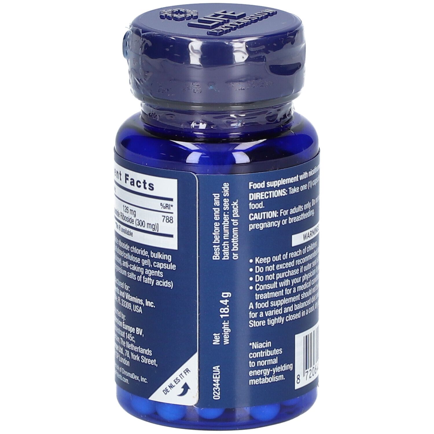 Flacon bleu avec capsules. Contient des informations nutritionnelles et un poids net de 18,4 g. 30 capsules végétariennes.