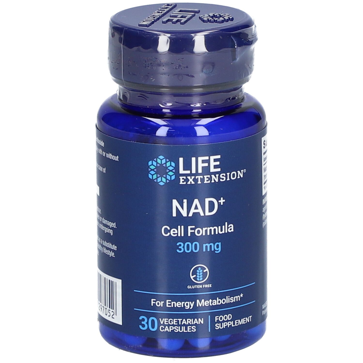 Flacon bleu avec capsules. Inscription: LIFE EXTENSION NAD+ Cell Formula 300 mg. 30 capsules végétariennes.