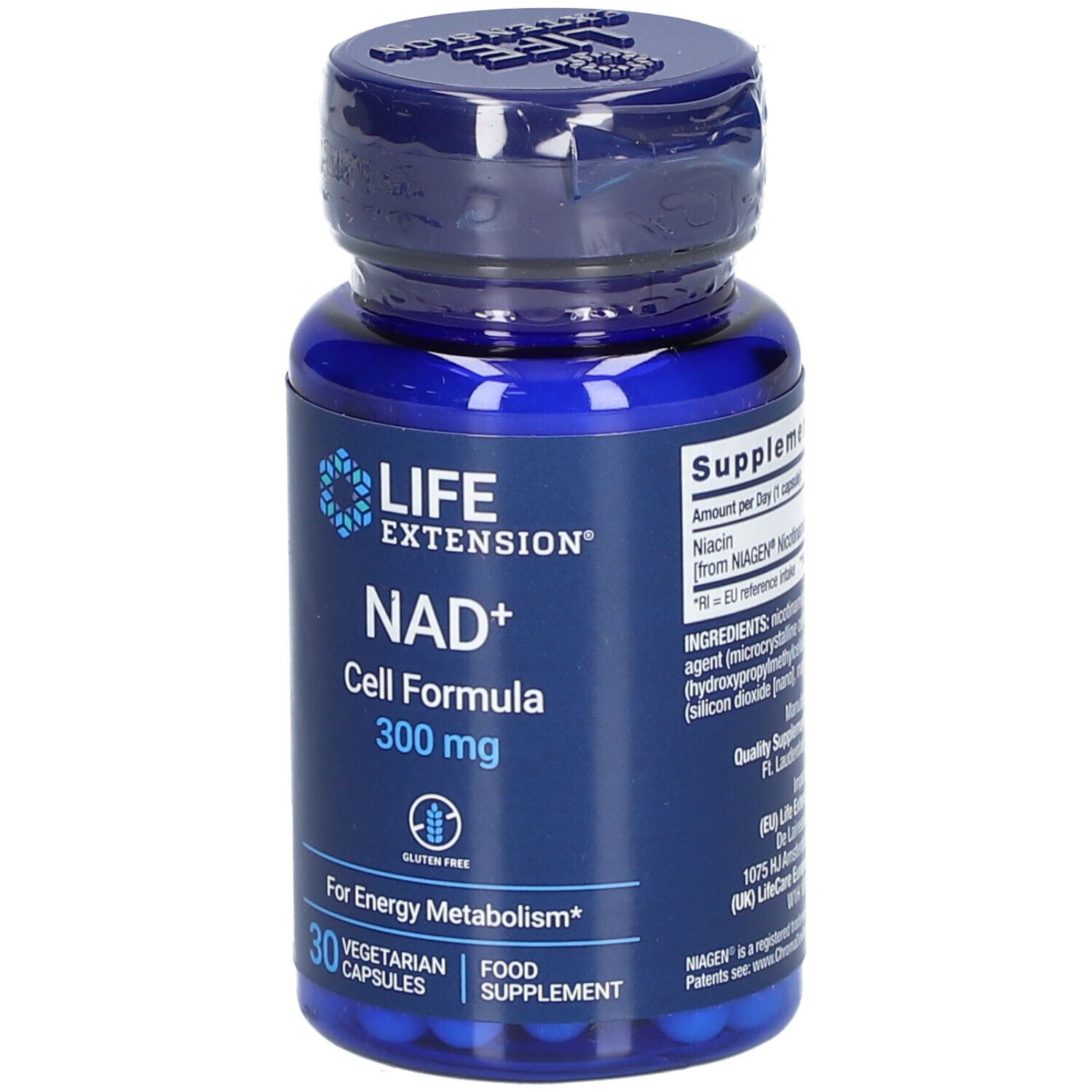 Flacon bleu avec capsules. Inscription: LIFE EXTENSION NAD+ Cell Formula 300 mg. 30 capsules végétariennes.