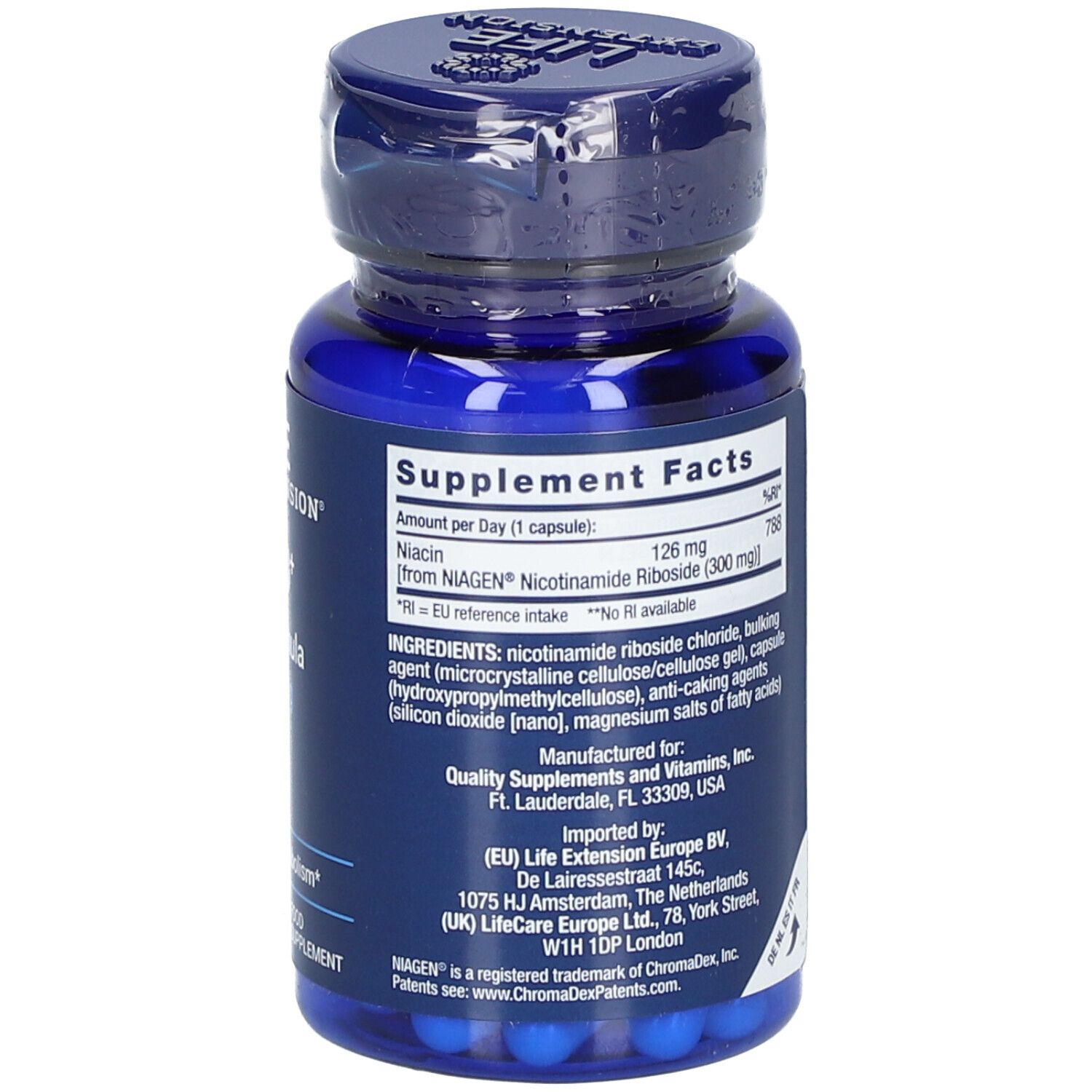 Dos du flacon bleu avec capsules. Contient des informations nutritionnelles et des ingrédients. 30 capsules végétariennes.