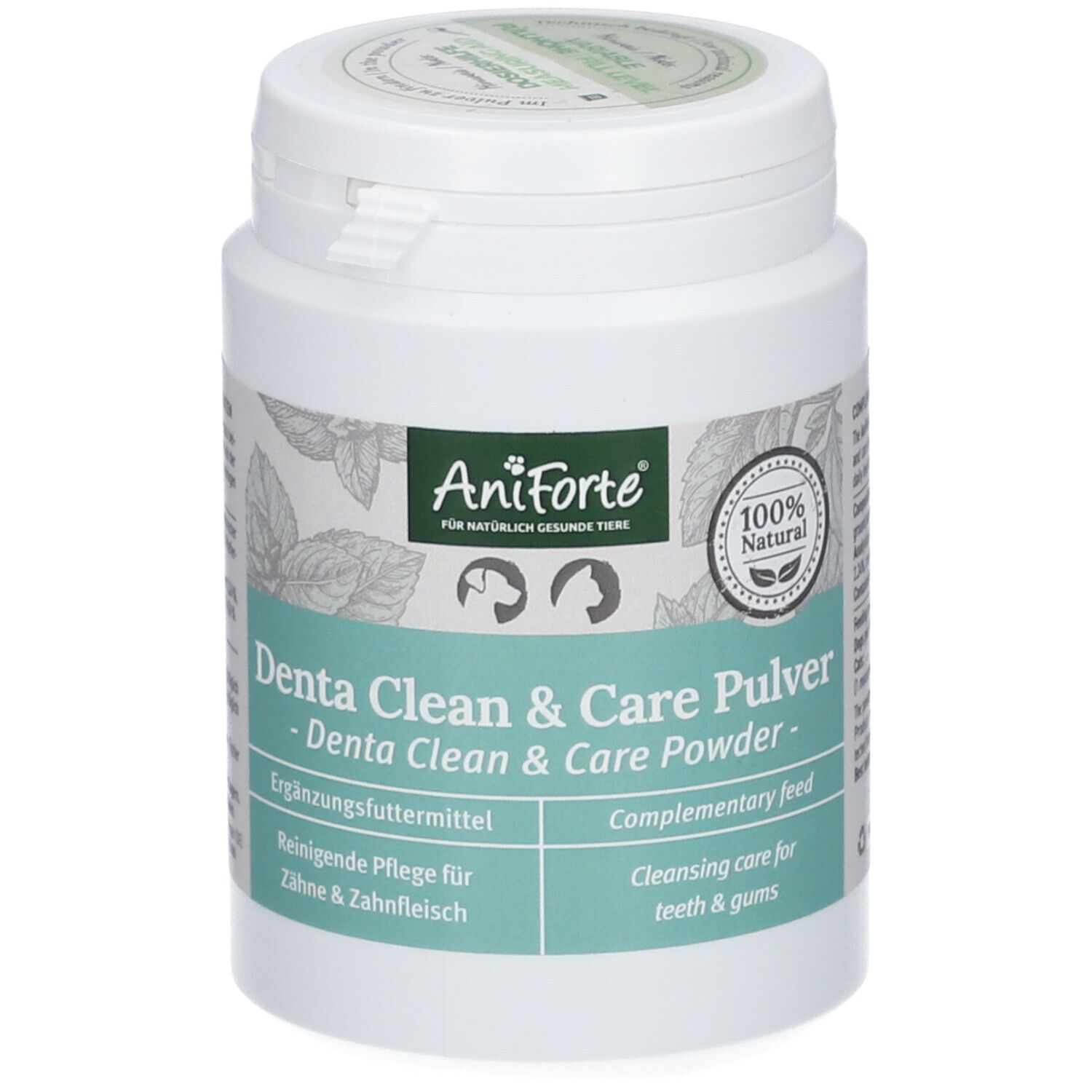 Weiße Dose mit Deckel. Aufschrift: AniForte, Denta Clean & Care Pulver. 100% Natural Siegel.