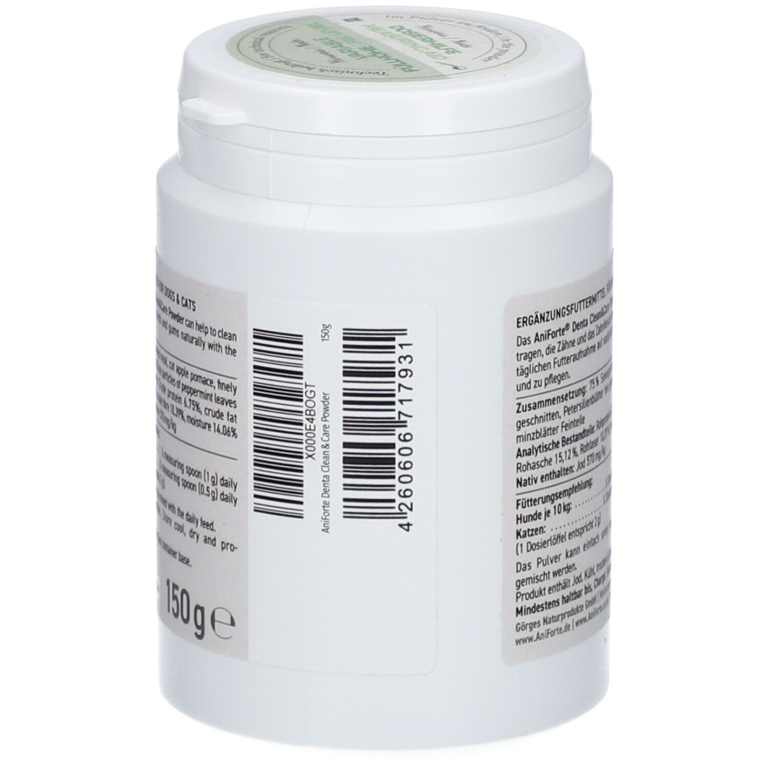 Weiße Dose, Rückseite mit Text und Barcode. 150g. Inhaltsstoffe, Dosierung, Hinweise.