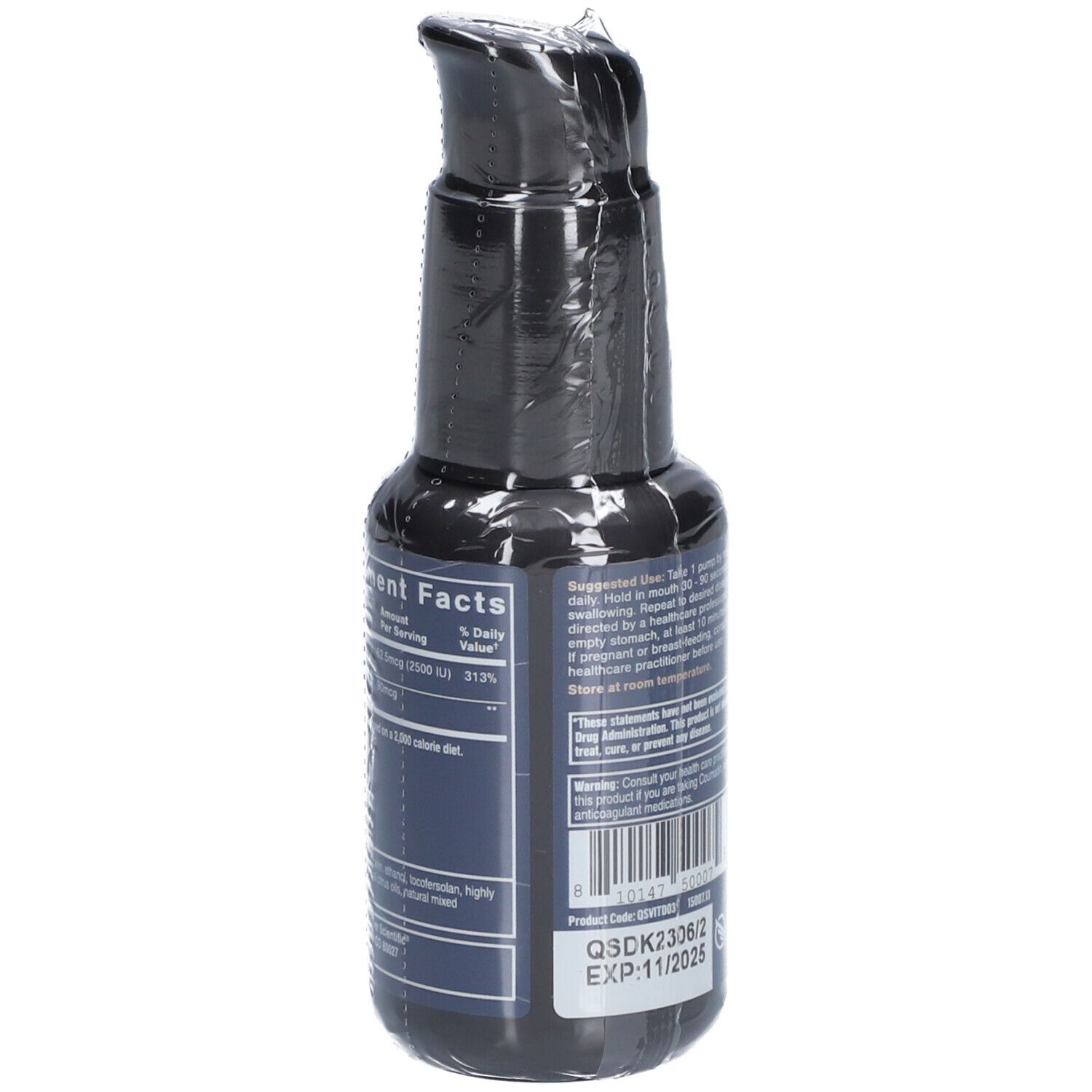 Dos de la bouteille. Texte: Informations nutritionnelles, dosage, avertissements. Numéro de lot et date d'expiration.