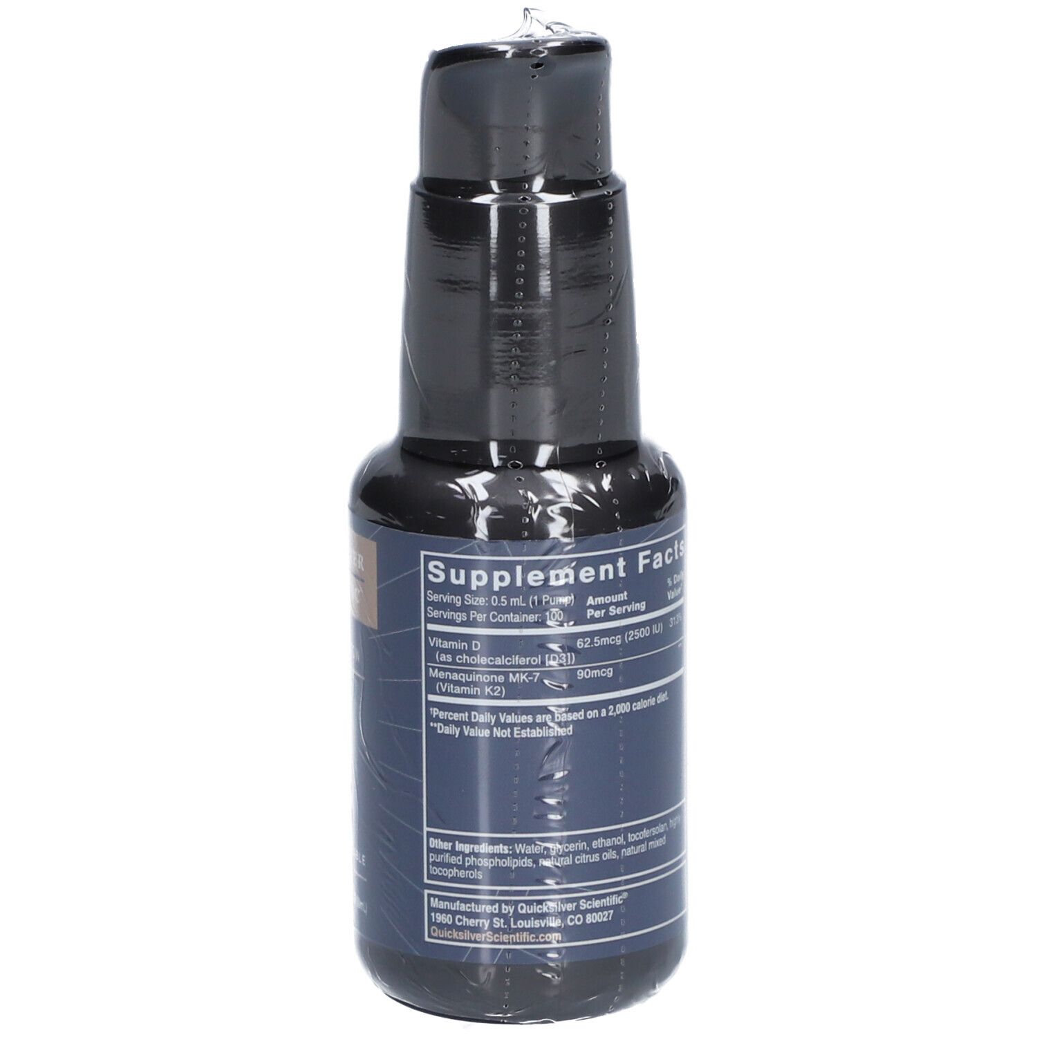 Dos de la bouteille. Texte: Informations nutritionnelles, ingrédients, fabricant. Quicksilver Scientific. 1.7 fl oz (50ml).