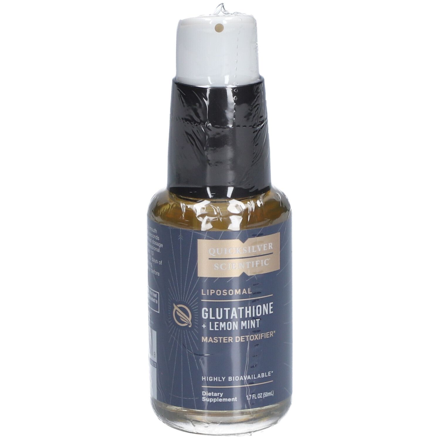 Nahrungsergänzungsmittel in einer Flasche mit Pumpe. Aufschrift: Liposomales Glutathion + Lemon Mint. Hoch bioverfügbar.
