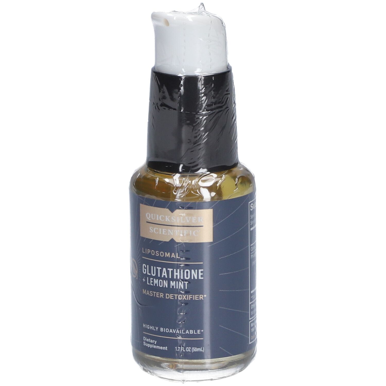 Nahrungsergänzungsmittel in einer Flasche mit Pumpe. Aufschrift: Liposomales Glutathion + Lemon Mint. Hoch bioverfügbar.