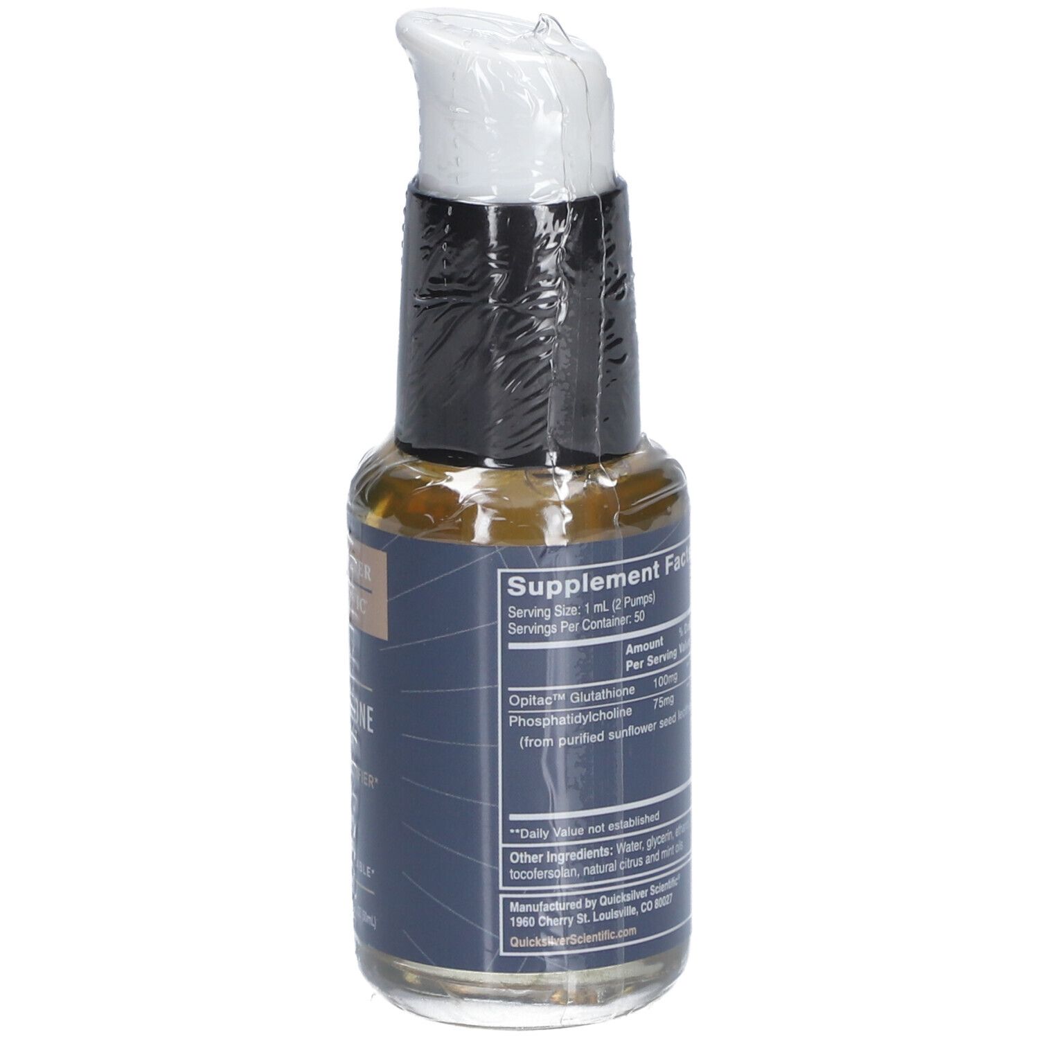 Nahrungsergänzungsmittel-Flasche mit Pumpe. Enthält Nährwertangaben. Enthält Opitac Glutathion und Sonnenblumen-Lecithin.