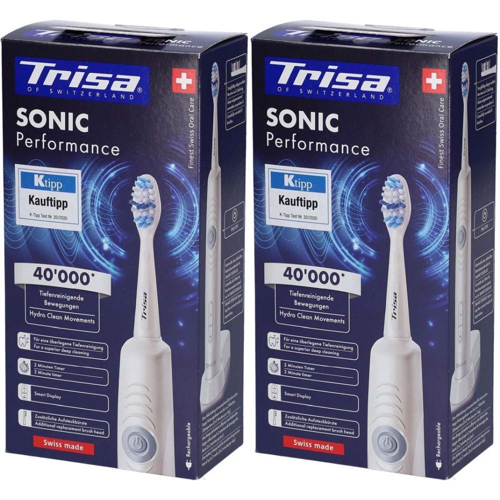 Zwei Verpackungen der TRISA Sonic Performance Ultraschallzahnbürste. Aufdrucke: Marke, Produktname, Schweizer Kreuz, 'Swiss made'.