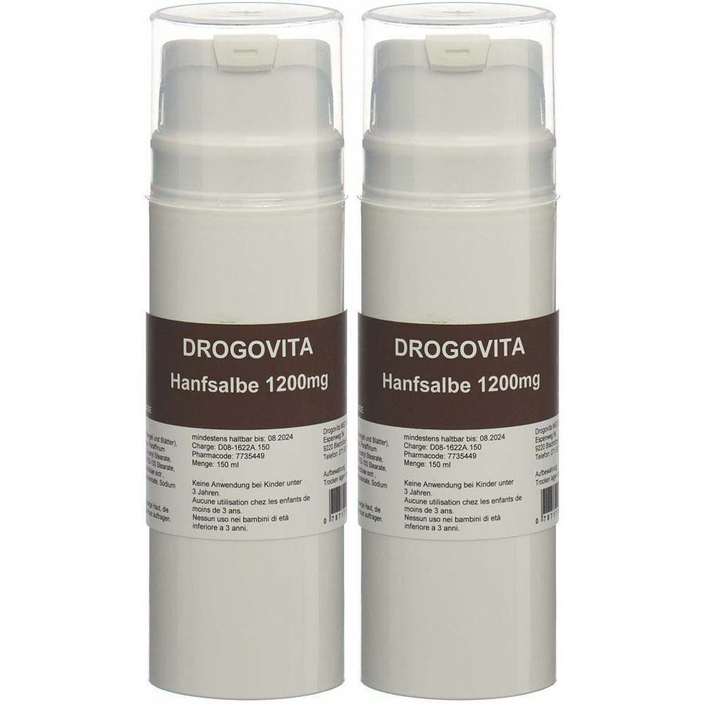 Zwei weiße Drogerie-Cremes mit braunem Etikett. Aufschrift: DROGOVITA Hanfsalbe 1200mg. Mit transparentem Deckel.