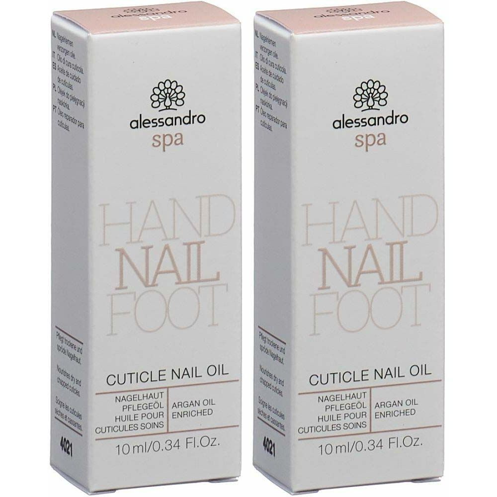 Zwei Schachteln alessandro Spa Nagelhaut Pflegeöl. Aufschrift: Hand Nail Foot, Cuticle Nail Oil, 10 ml/0.34 Fl.Oz.
