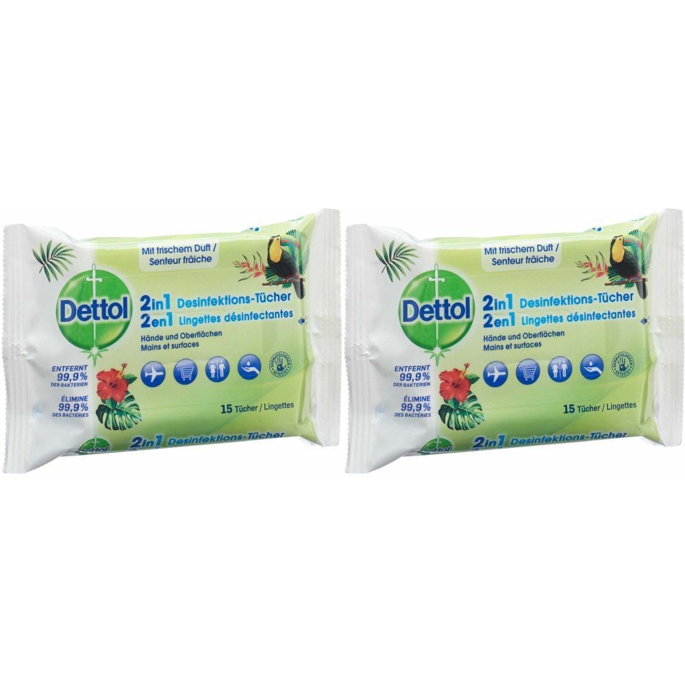 Deux paquets de lingettes désinfectantes. Emballage vert et blanc avec logo et nom du produit. Contient 15 lingettes.