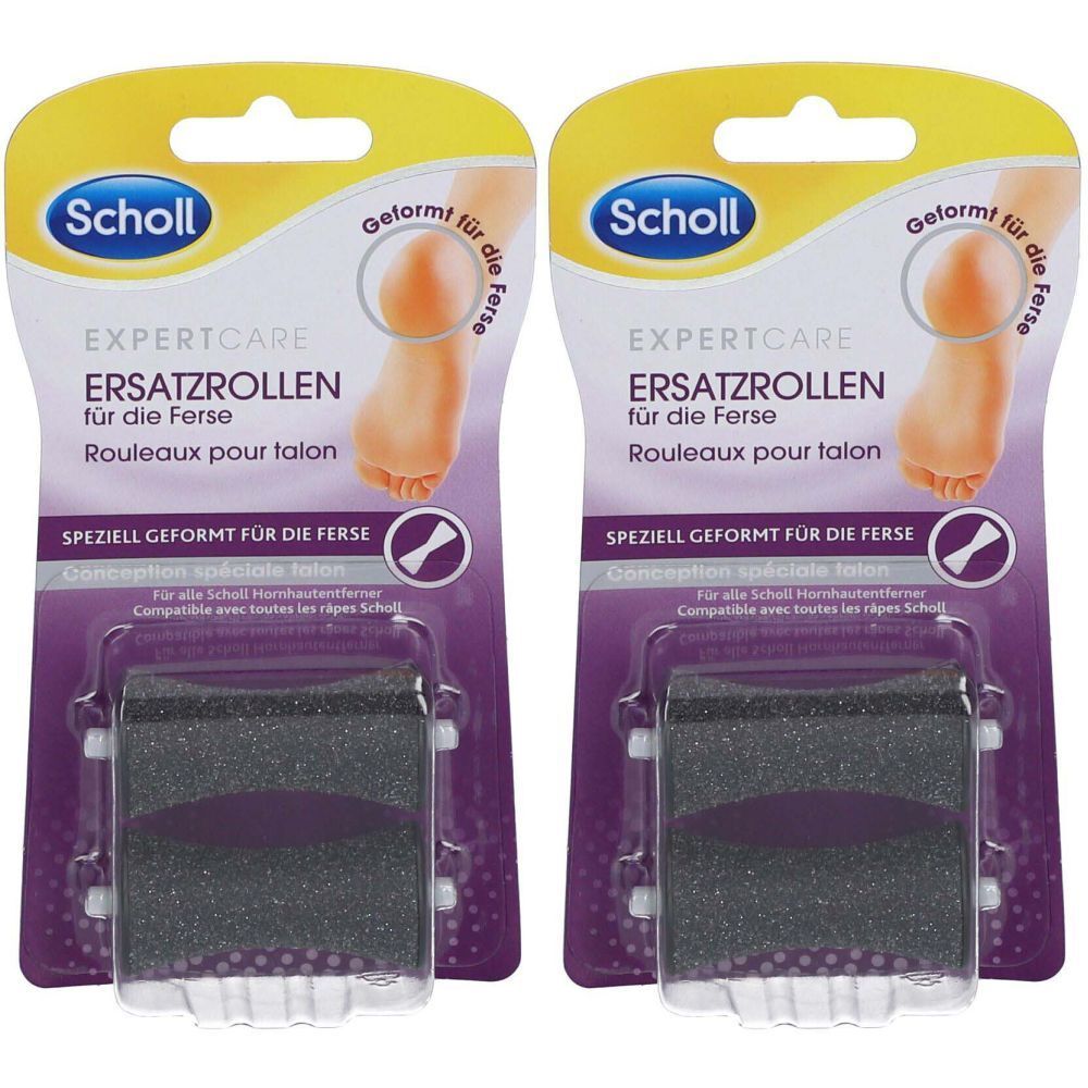 Zwei Packungen Scholl Expert Care Ersatzrollen. Jede Packung enthält eine Ersatzrolle für die Ferse. Verpackung mit Produktnamen und Logo.