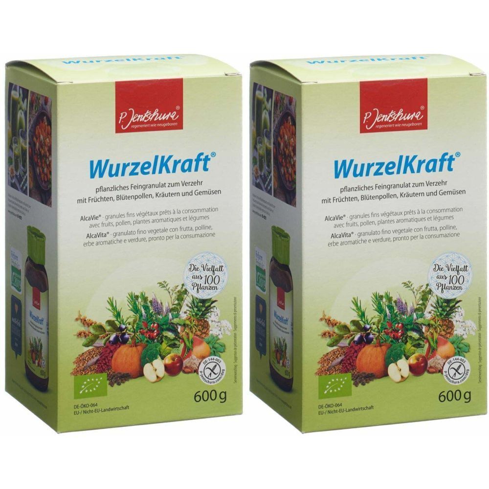 Zwei Kartons mit "WurzelKraft"-Granulat. Aufdrucke: Marke, Produktname, Inhaltsstoffe, Bio-Siegel, 600g.