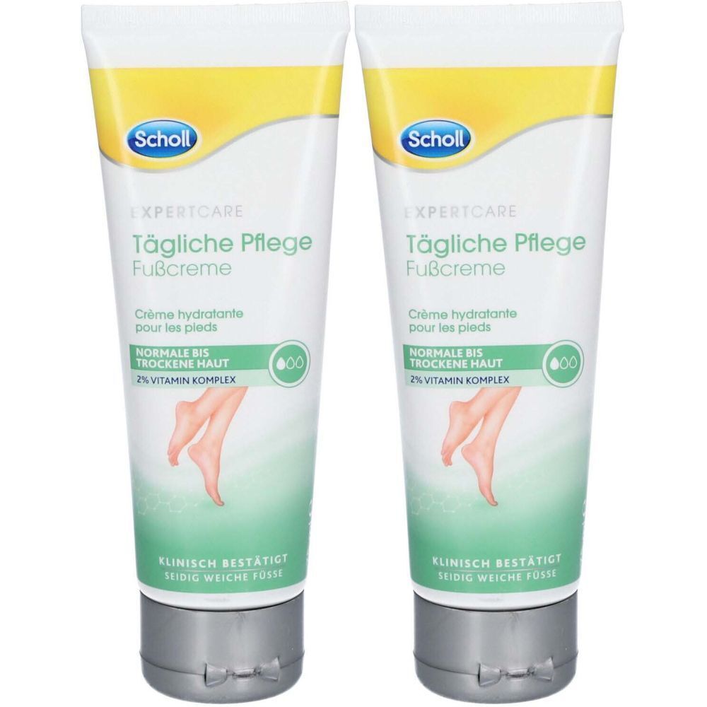 Deux tubes de crème pour les pieds. Inscription : Scholl, Expert Care, Tägliche Pflege, Fußcreme. Pour peaux normales à sèches. Cliniquement prouvé.