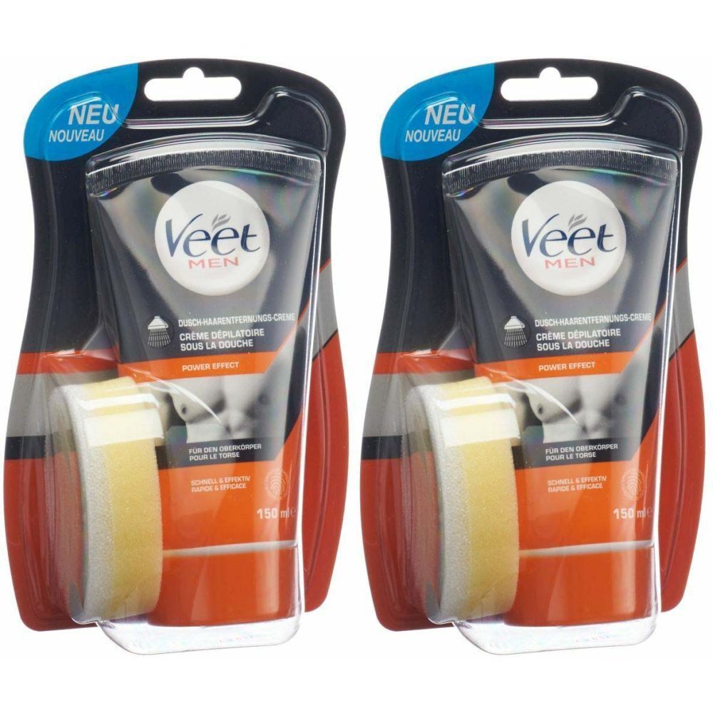 Zwei VEET MEN Enthaarungscreme-Packungen. Schwarze Tube mit orangefarbenem Akzent und Schwamm. "NEU"-Label oben.