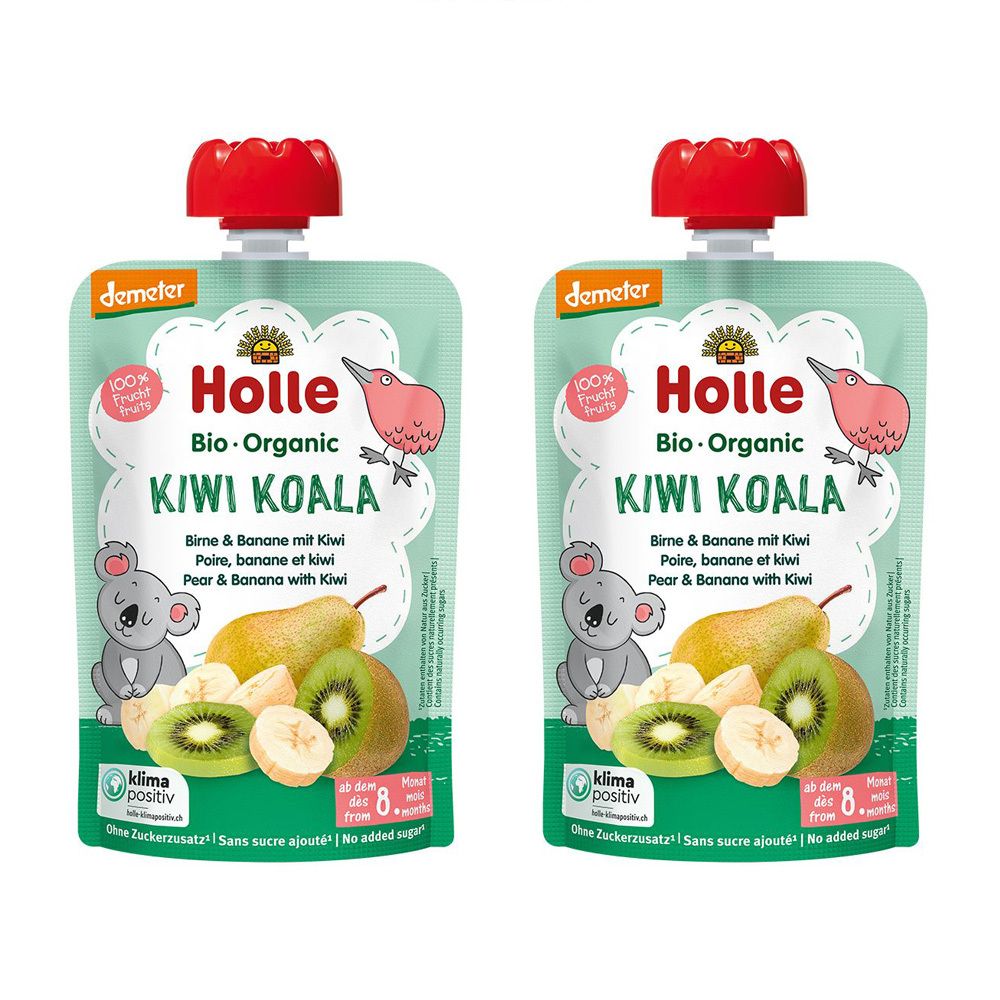 Deux sachets HOLLE Kiwi Koala. Inscription : Bio-Organic, Kiwi Koala, Poire, banane et kiwi. Avec bouchon rouge. Label Demeter.
