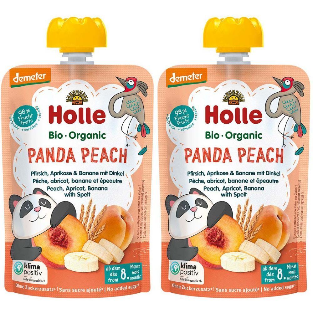 Zwei Quetschbeutel mit gelbem Verschluss. Aufschrift: Holle Bio-Organic Panda Peach. Ab 8 Monaten. Mit Pfirsich, Aprikose, Banane und Dinkel.