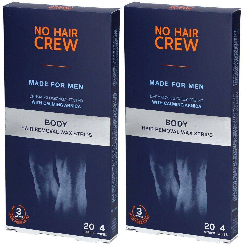Zwei blaue Kartons mit Wachsstreifen. Aufschrift: NO HAIR CREW, MADE FOR MEN, BODY, dermatologisch getestet. Enthält 20 Streifen und 4 Tücher.