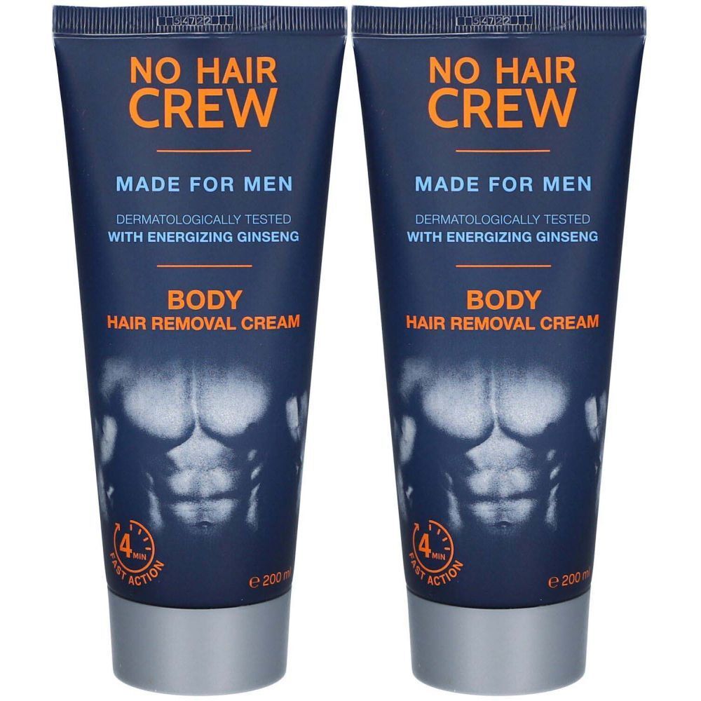 Zwei Tuben Enthaarungscreme für den Körper. Blaue Tuben mit orangefarbenem Schriftzug. Aufschrift: NO HAIR CREW, MADE FOR MEN.