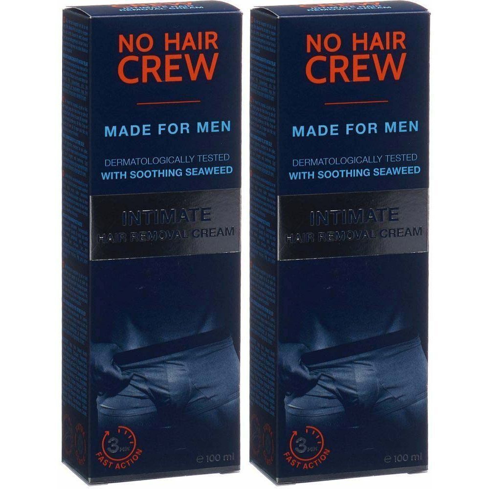 Zwei blaue Kartons mit Produktaufdruck. Aufschrift: NO HAIR CREW, MADE FOR MEN, Intim-Enthaarungscreme. 100 ml.