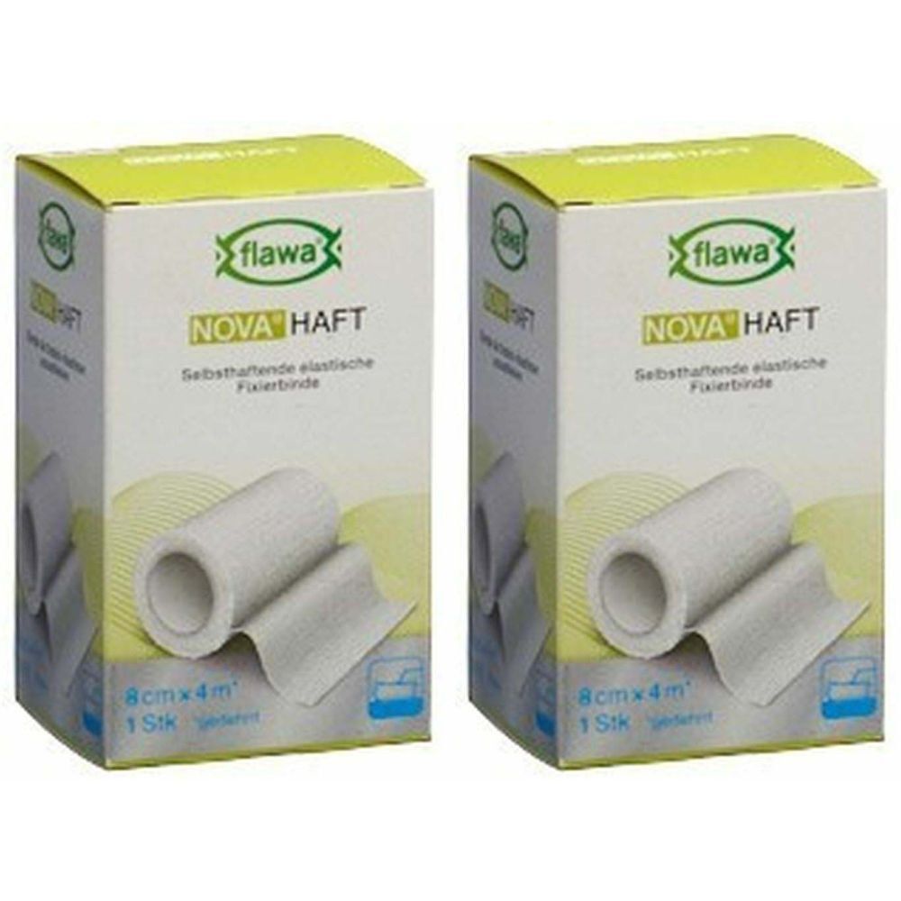 Deux boîtes de bandage de fixation FLAWA® NOVA HAFT. Inscription : 8cm x 4m, 1 pc. Le bandage est blanc et élastique.