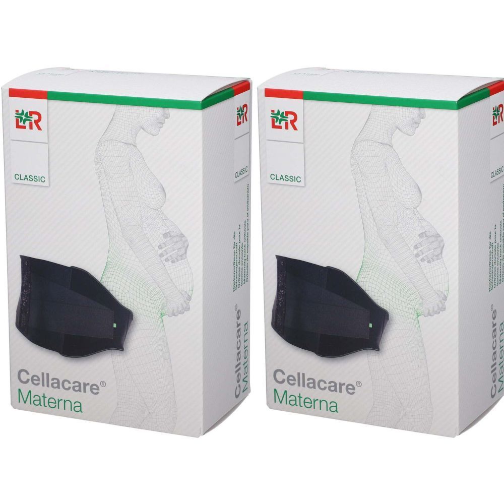 Zwei Produktverpackungen von CELLACARE® Materna. Aufdruck einer schwangeren Frau und eines schwarzen Stützgurts. Logo und Schriftzug.