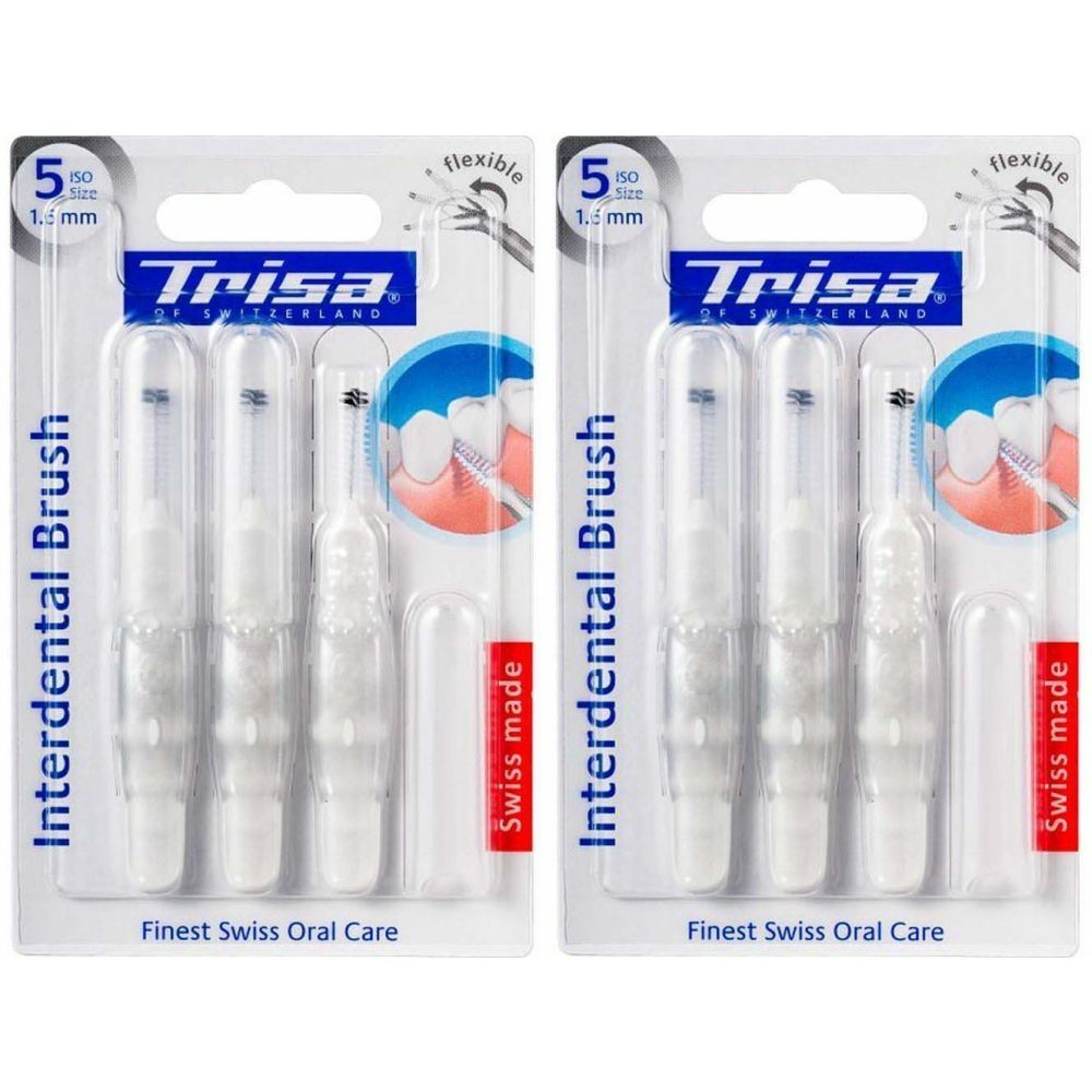 Deux blisters de brosses interdentaires blanches. Taille 5, 1,6 mm. Marque Trisa, Swiss Made.