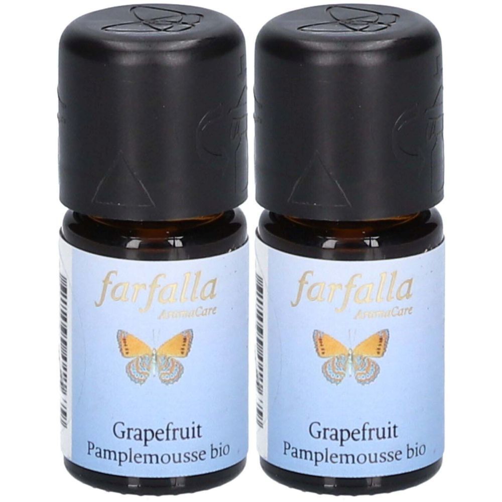Zwei kleine Flaschen mit schwarzem Deckel. Auf dem Etikett steht "farfalla" und "Grapefruit Pamplemousse bio".