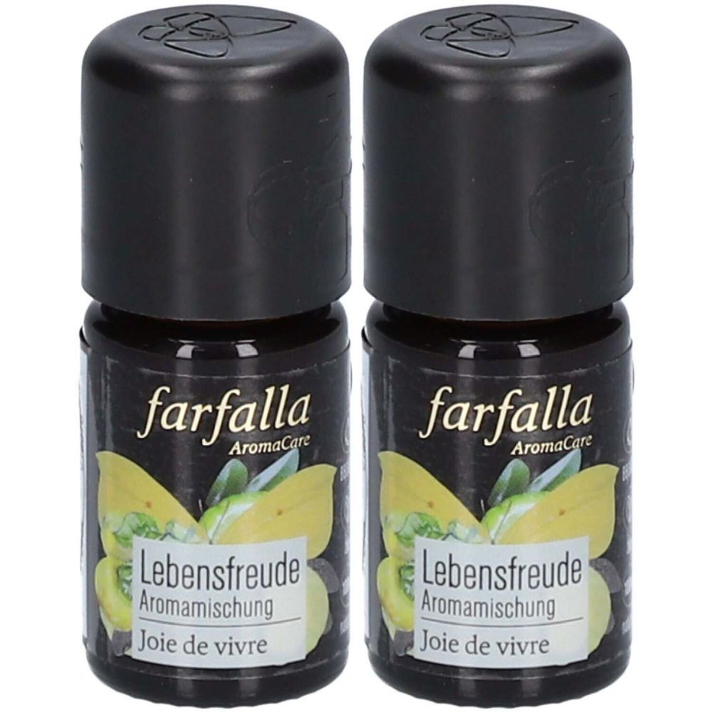 Zwei Flaschen mit schwarzem Deckel. Aufschrift: farfalla Aromamischung Lebensfreude, Joie de vivre.