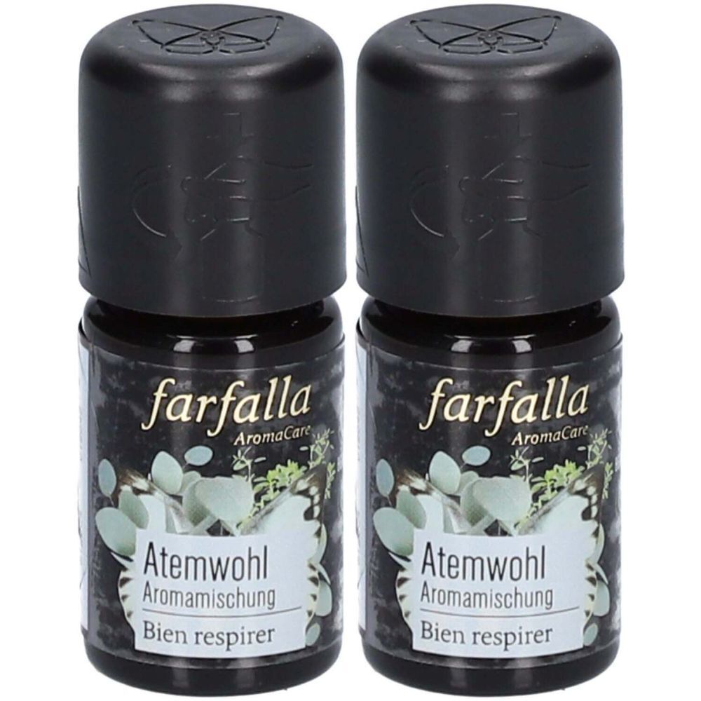 Zwei kleine Flaschen mit schwarzem Deckel. Auf dem Etikett steht "farfalla AromaCare", darunter "Atemwohl Aromamischung Bien respirer".