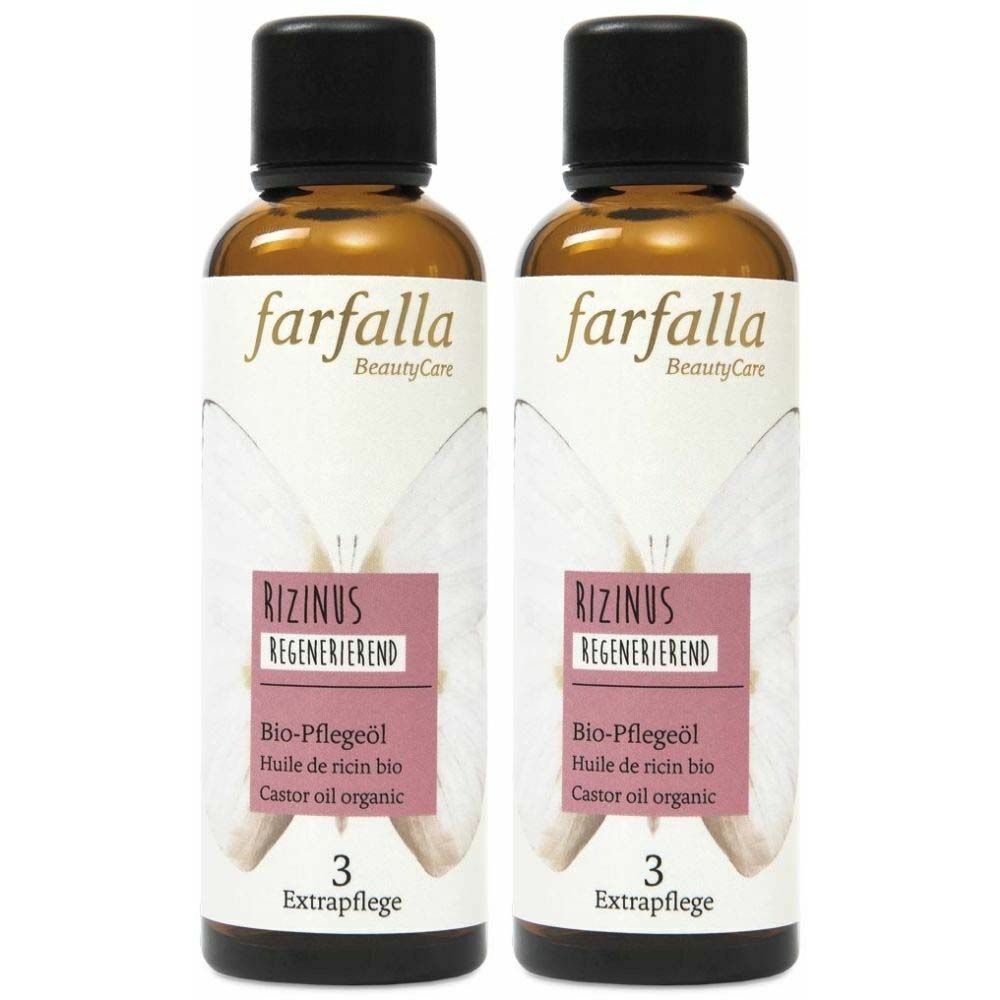 Zwei braune Glasflaschen mit schwarzem Deckel. Auf dem Etikett steht "farfalla", "Rizinus" und "Bio-Pflegeöl".
