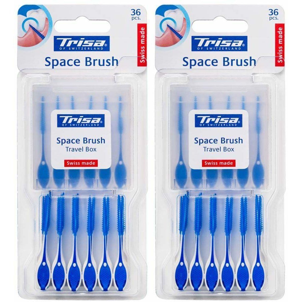 Twee verpakkingen Trisa Space Brush interdentale borstels. Elke verpakking bevat 36 stuks. Blauwe borstels met transparante houders.