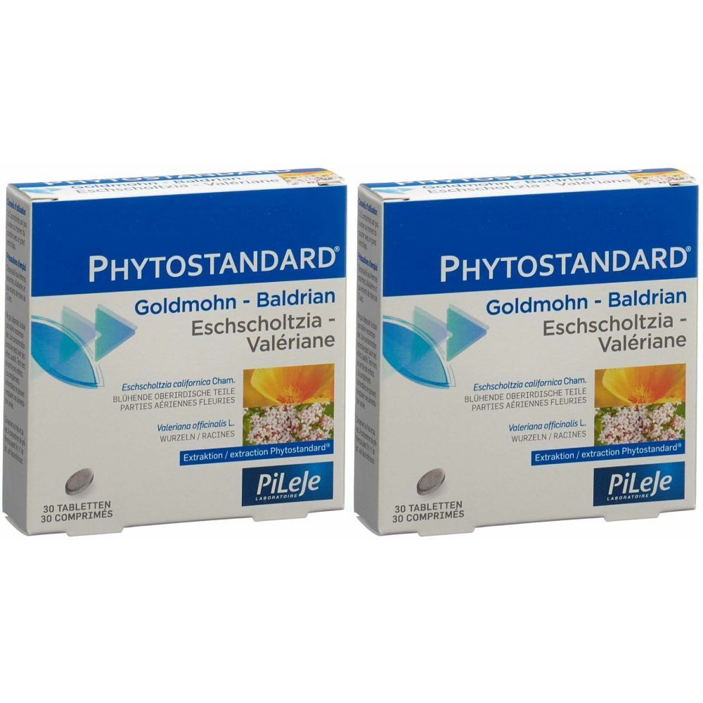 Deux boîtes PHYTOSTANDARD, Goldmohn-Baldrian-Eschscholtzia-Valériane. Chaque boîte contient 30 comprimés.
