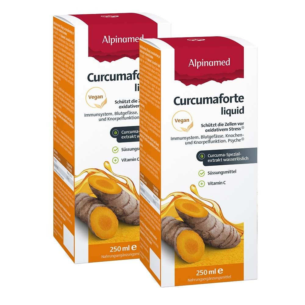 Deux boîtes de ALPINAMED Kurkumaforte liquid. Inscriptions : Vegan, extrait spécial de curcuma, vitamine C. Vue de dessus en biais.