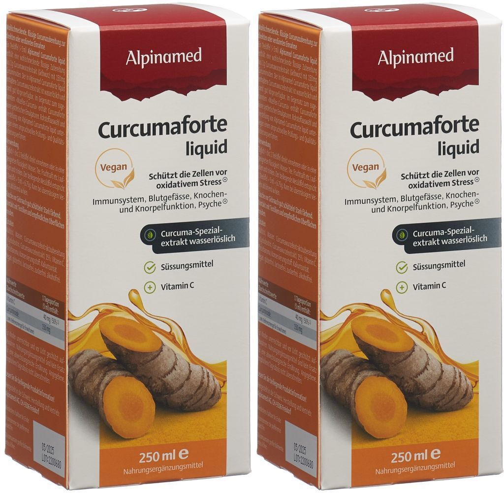 Zwei Kartons ALPINAMED Kurkumaforte liquid. Aufdrucke: Vegan, Curcuma-Spezialextrakt, Vitamin C. Abbildung von Kurkuma-Wurzeln.