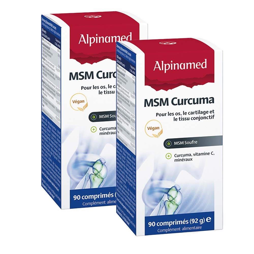 Deux boîtes ALPINAMED MSM Curcuma. Boîtes rouges et blanches avec nom du produit et informations. 90 comprimés.