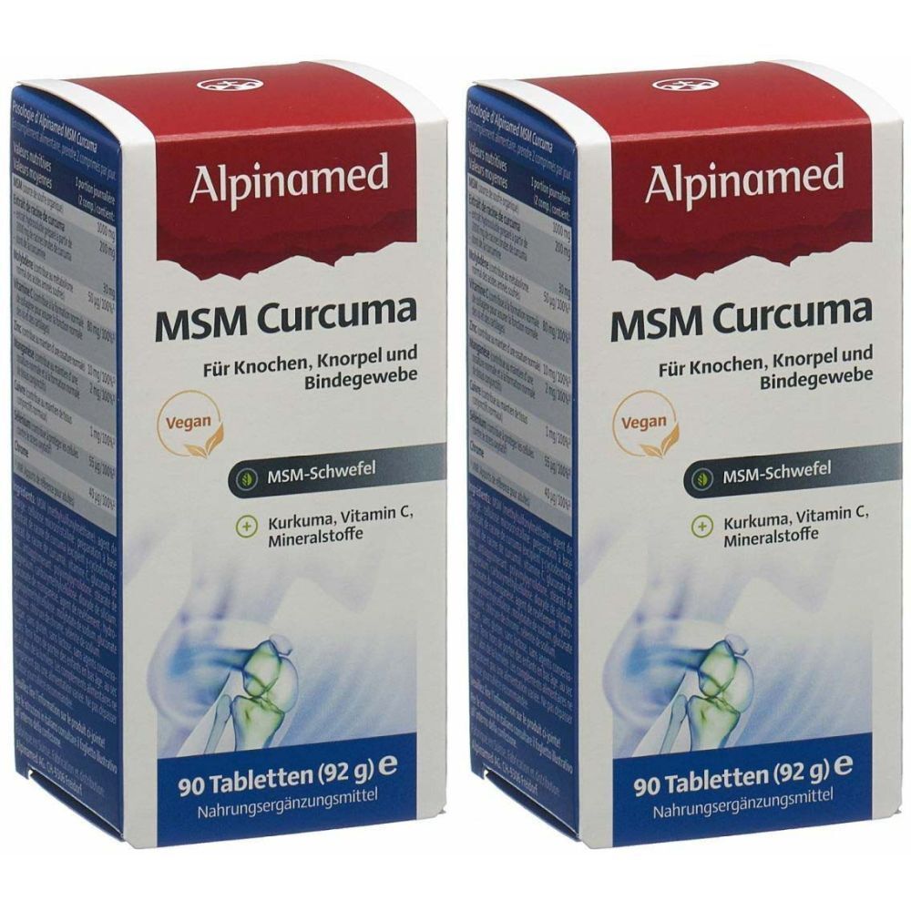 Zwei Packungen ALPINAMED MSM Kurkuma. Rote und weiße Schachteln mit Produktnamen und Inhaltsangaben. 90 Tabletten.