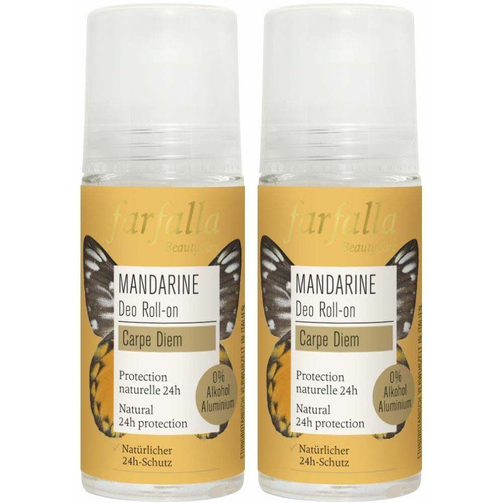 Zwei Deodorant Roll-ons mit Mandarine. Aufschrift: farfalla, Mandarine Deo Roll-on, Carpe Diem, 24h Schutz, 0% Alkohol, Aluminium.