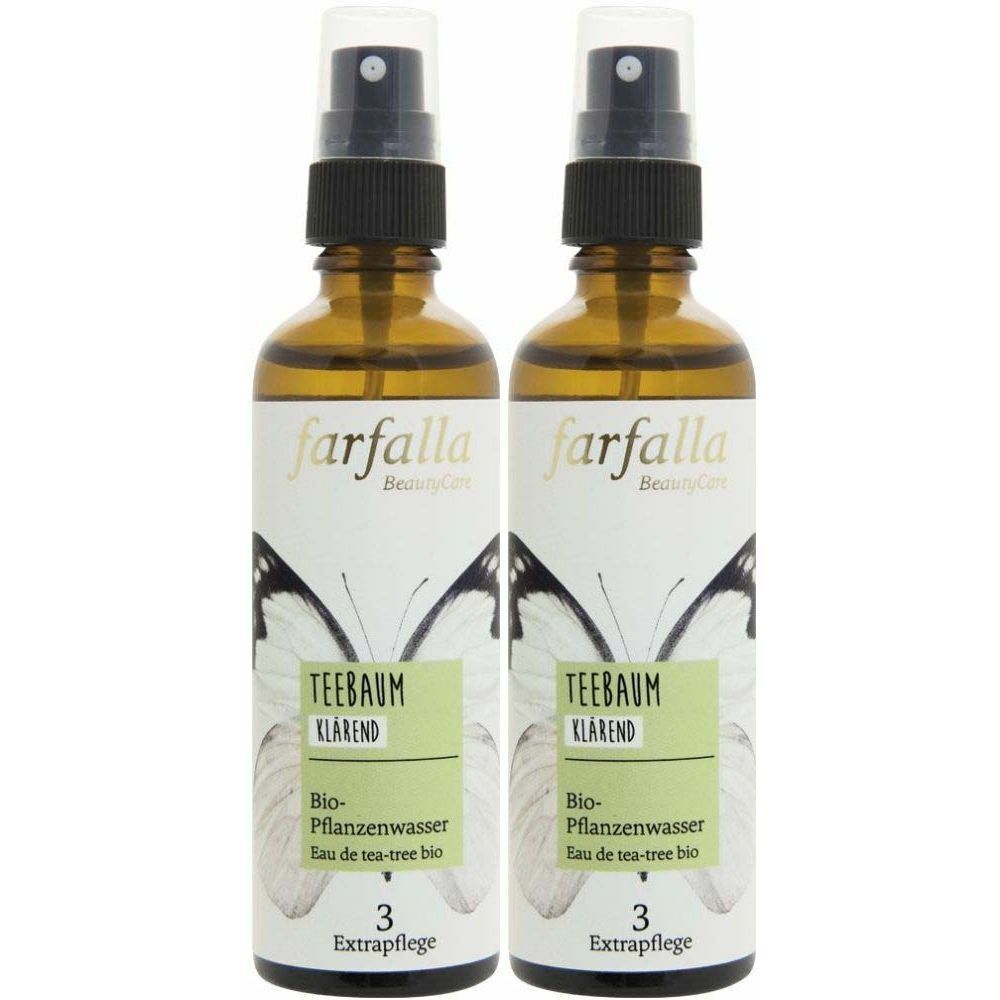 Deux flacons en verre brun avec vaporisateur. Inscription: farfalla, Tea Tree, eau végétale bio. 3 soins supplémentaires.