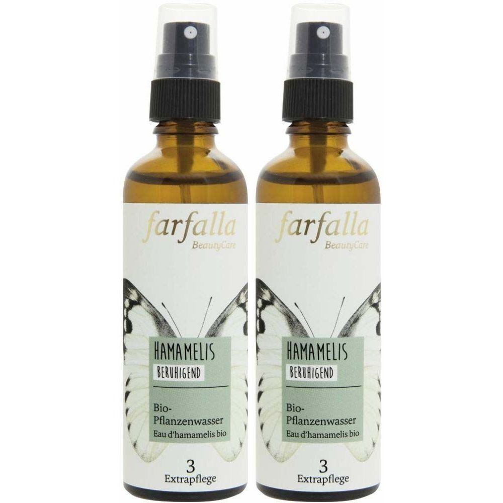 Zwei braune Glasflaschen mit Sprühkopf. Auf den Etiketten steht "farfalla", "HAMAMELIS BERUHIGEND" und "Bio-Pflanzenwasser".