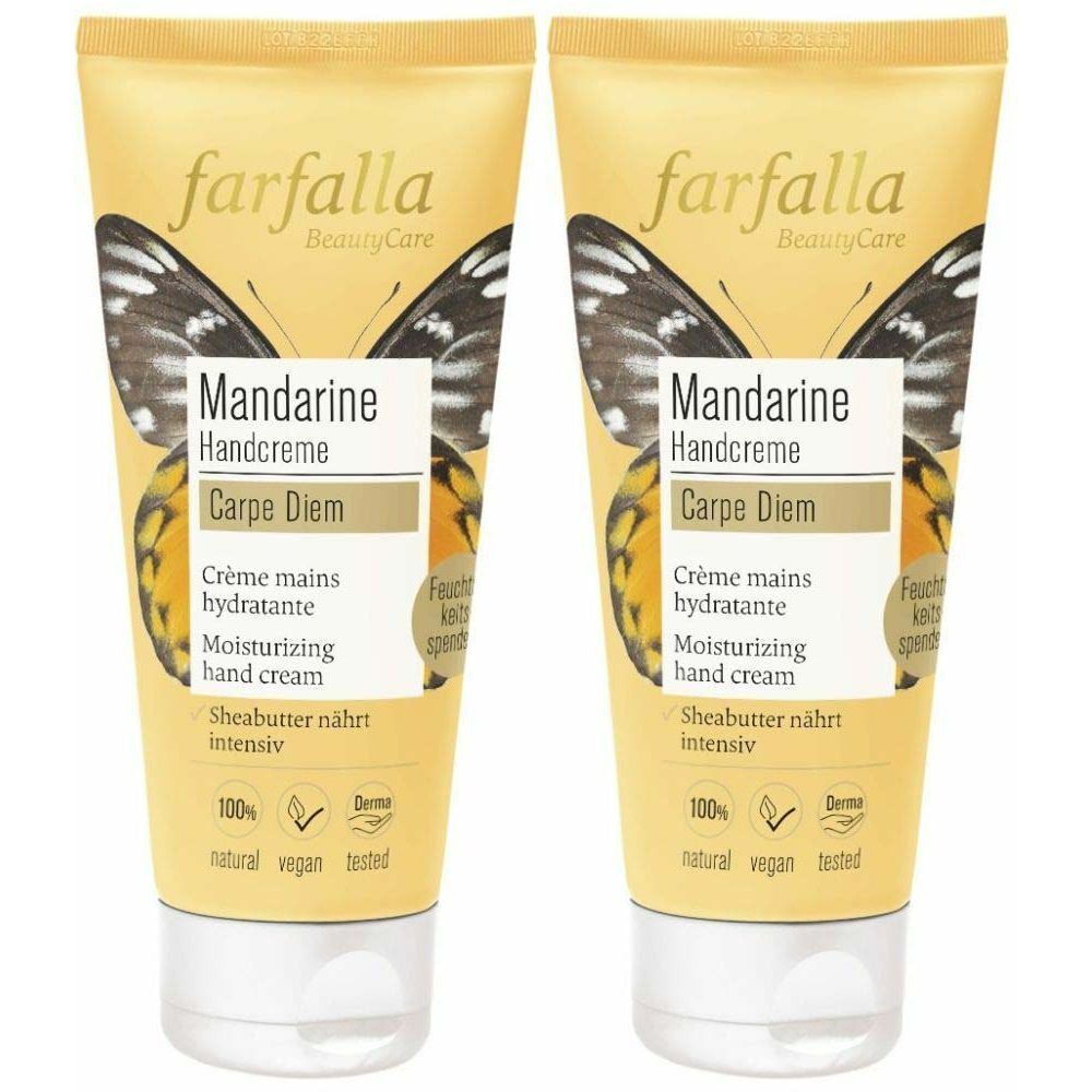 Zwei Tuben Handcreme. Aufschrift: farfalla, Mandarine, Carpe Diem, Feuchtigkeitspflege. Mit Logo für vegan und getestet.