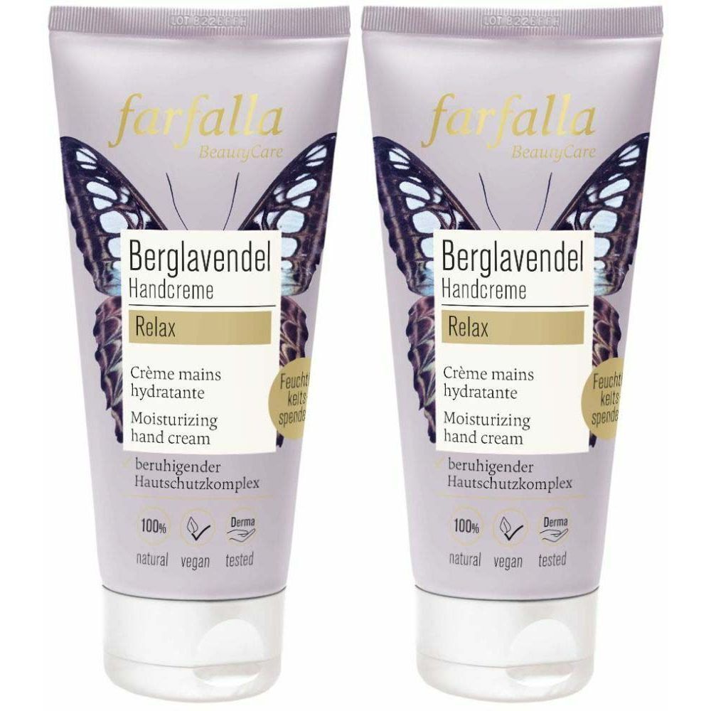 Zwei Tuben Handcreme mit Lavendel-Motiv. Aufschrift: Berglavendel Handcreme Relax, Crème mains hydratante, Moisturizing hand cream.